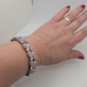 Pink Cat eye Stone Bracelet Silver-tone Rhinestones Women's Bracelet Stretch